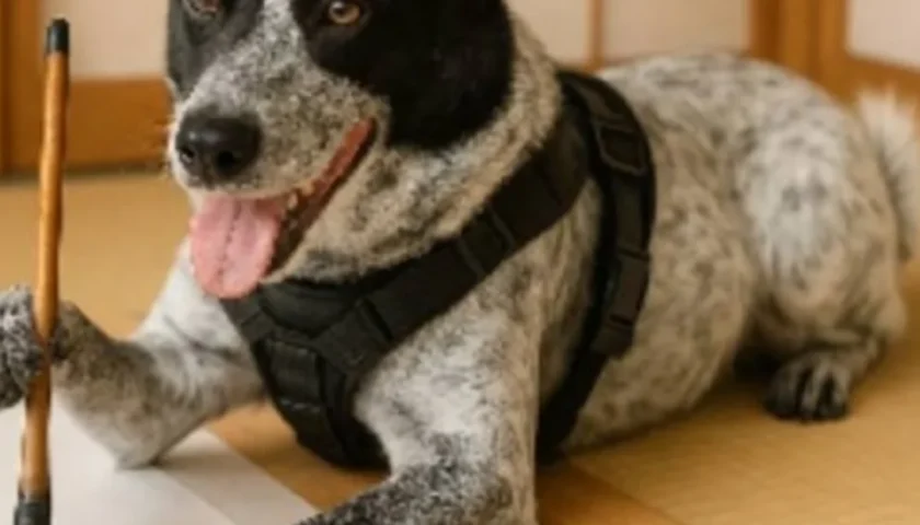 保護犬ふぅちゃん、書き初め「うまうまのとし」